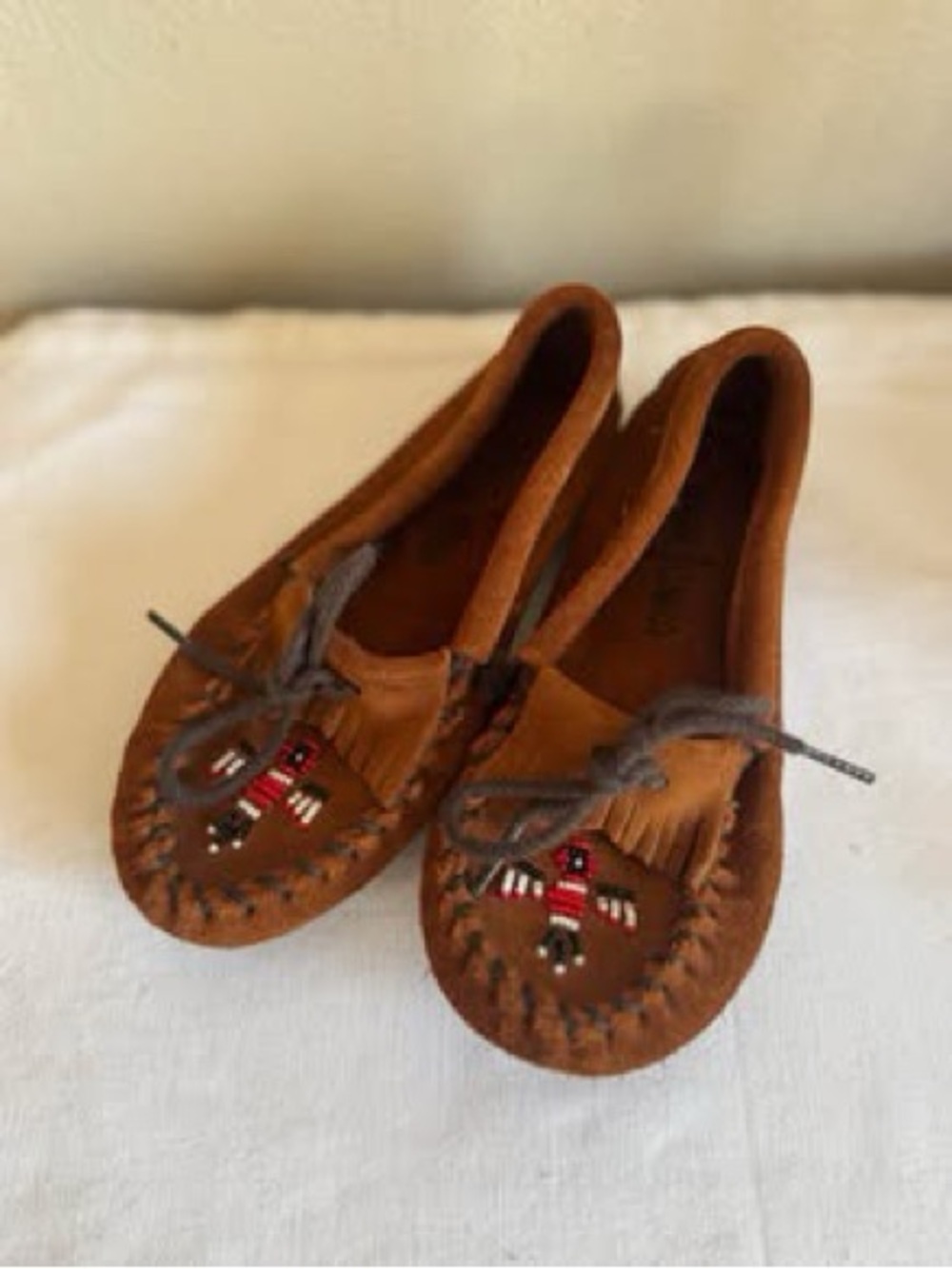 Minnetonka Kids Chestnut Brown Moccasin Slippers with Bead Detail